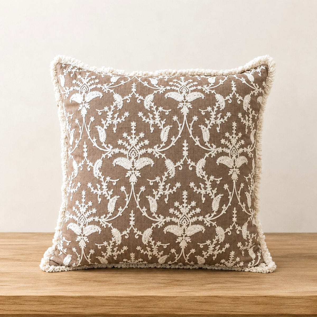 Mocha Garden Embroidered Fringe Cushion Cover | Set of 2