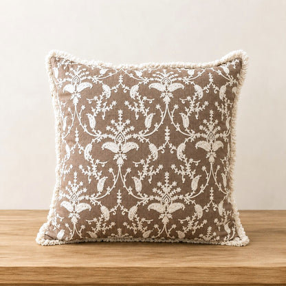 Mocha Garden Embroidered Fringe Cushion Cover | Set of 2
