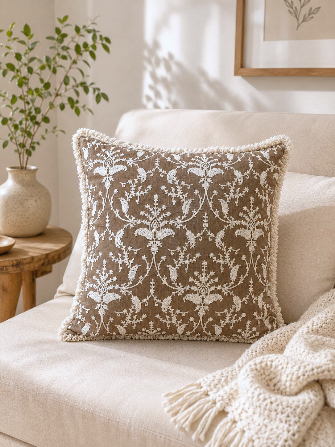 Mocha Garden Embroidered Fringe Cushion Cover | Set of 2