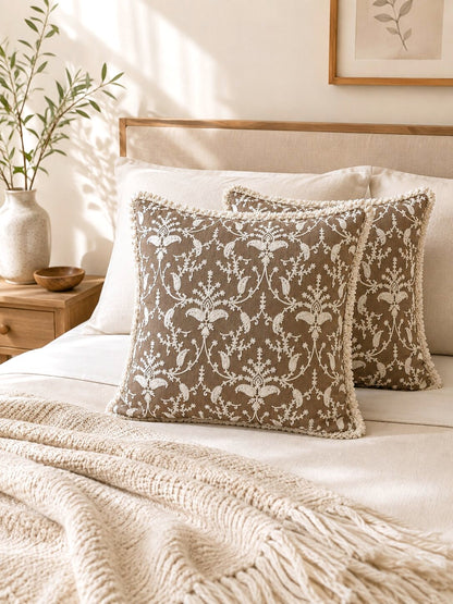 Mocha Garden Embroidered Fringe Cushion Cover | Set of 2