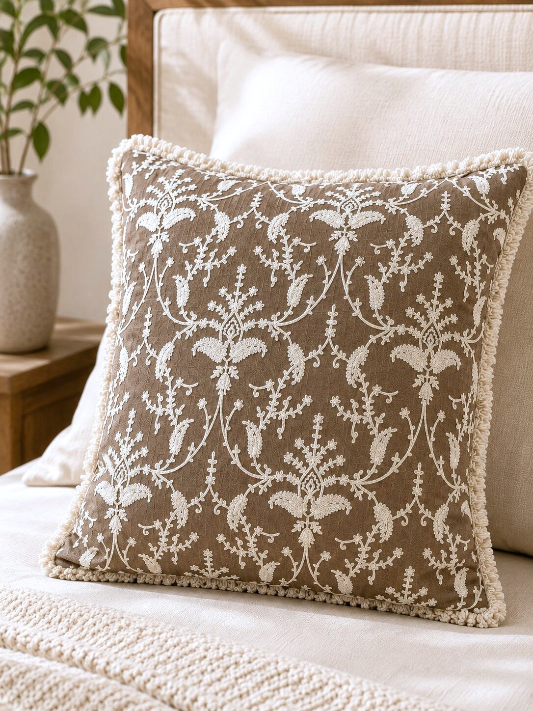 Mocha Garden Embroidered Fringe Cushion Cover | Set of 2