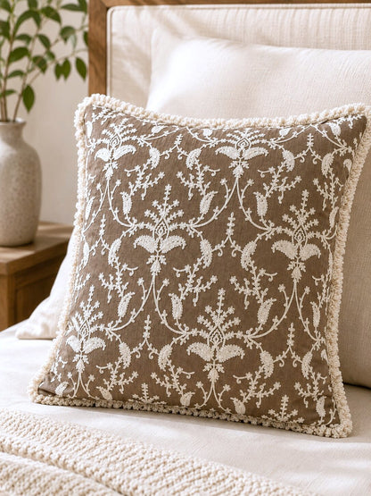 Mocha Garden Embroidered Fringe Cushion Cover | Set of 2