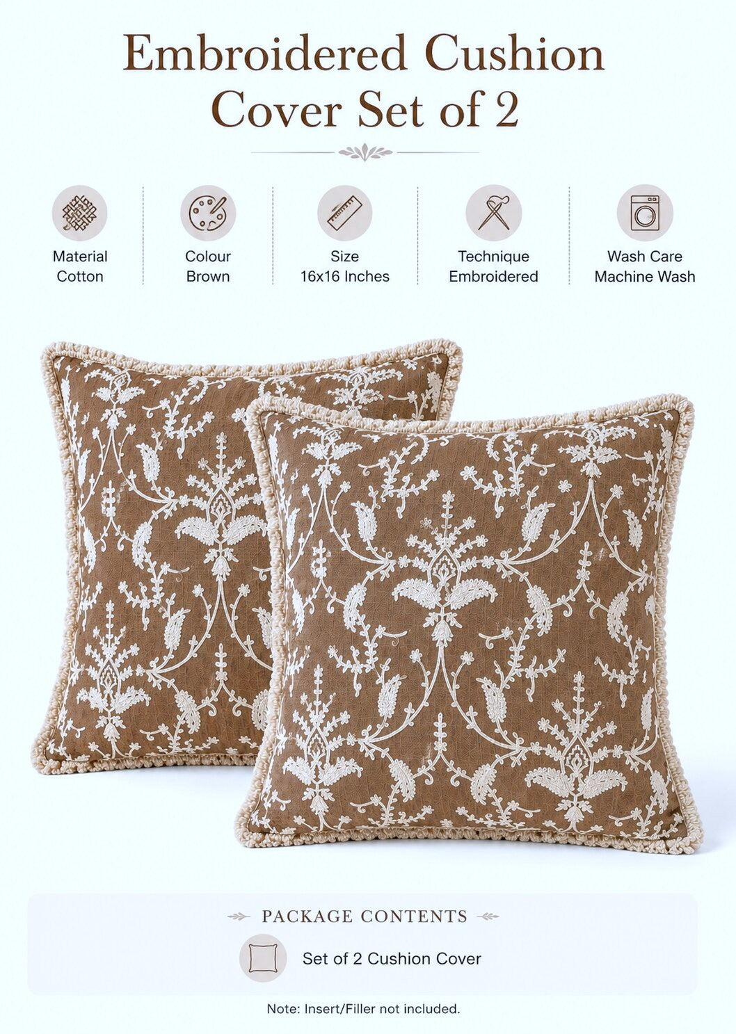 Mocha Garden Embroidered Fringe Cushion Cover | Set of 2