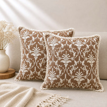 Mocha Garden Embroidered Fringe Cushion Cover | Set of 2