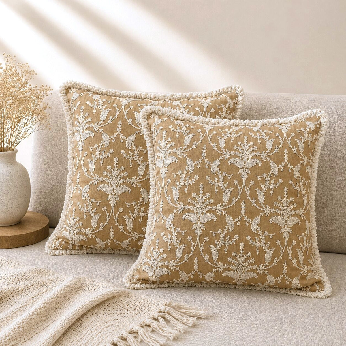 Sand Beige Floral Hand Embroidered Cushion Cover | Set of 2c
