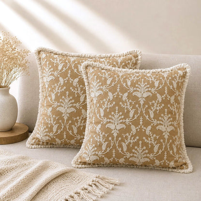 Sand Beige Floral Hand Embroidered Cushion Cover | Set of 2c