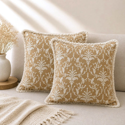 Sand Beige Floral Hand Embroidered Cushion Cover | Set of 2c