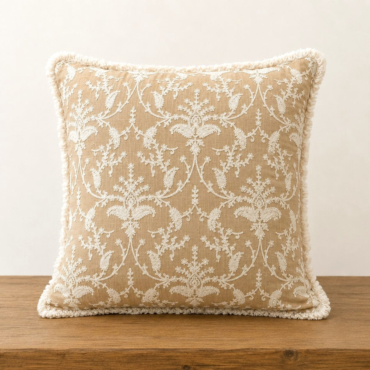 Sand Beige Floral Hand Embroidered Cushion Cover | Set of 2c