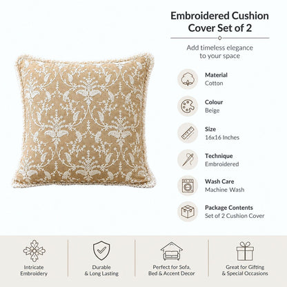 Sand Beige Floral Hand Embroidered Cushion Cover | Set of 2c