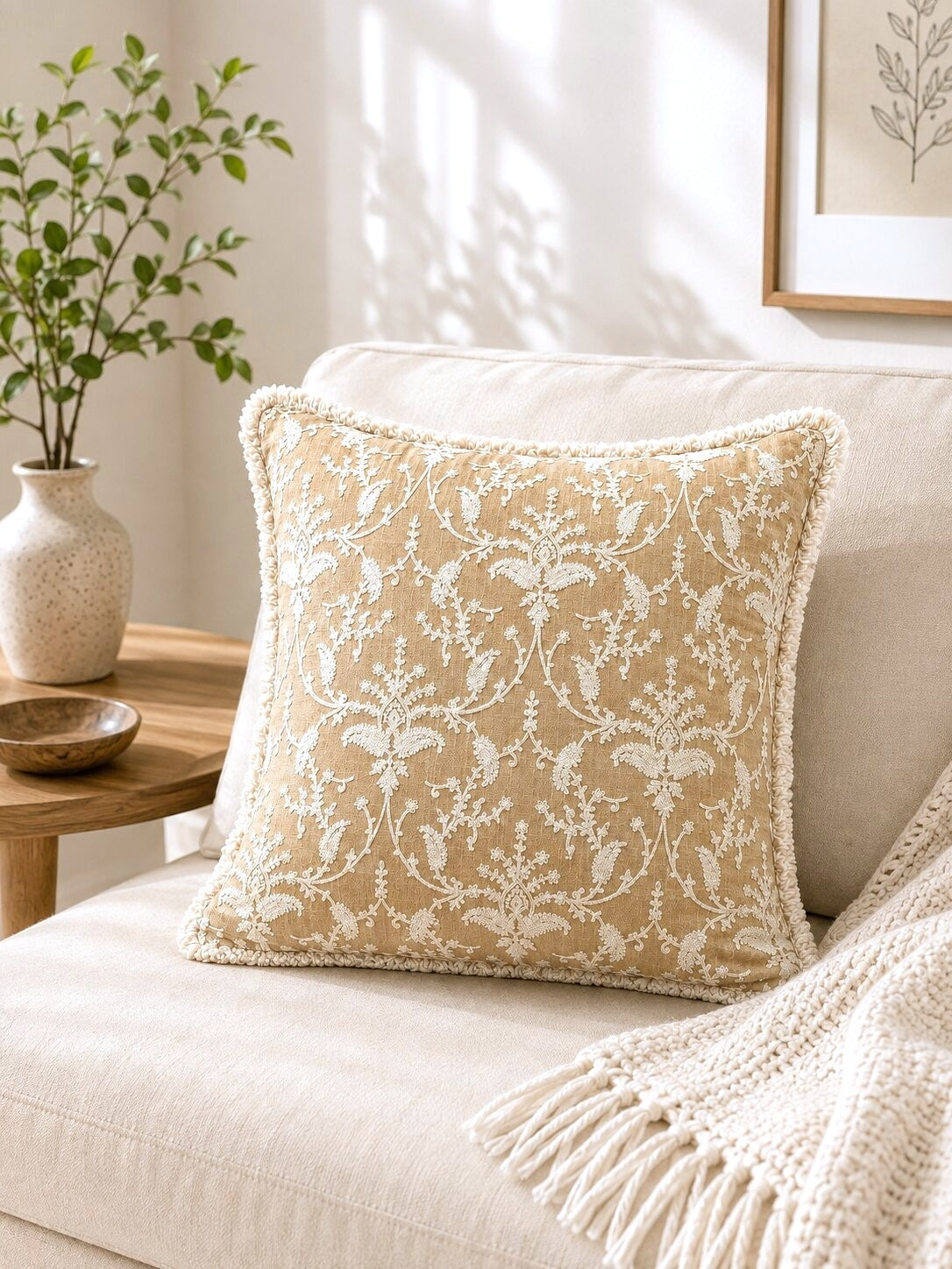 Sand Beige Floral Hand Embroidered Cushion Cover | Set of 2c