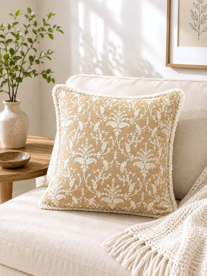 Sand Beige Floral Hand Embroidered Cushion Cover | Set of 2c