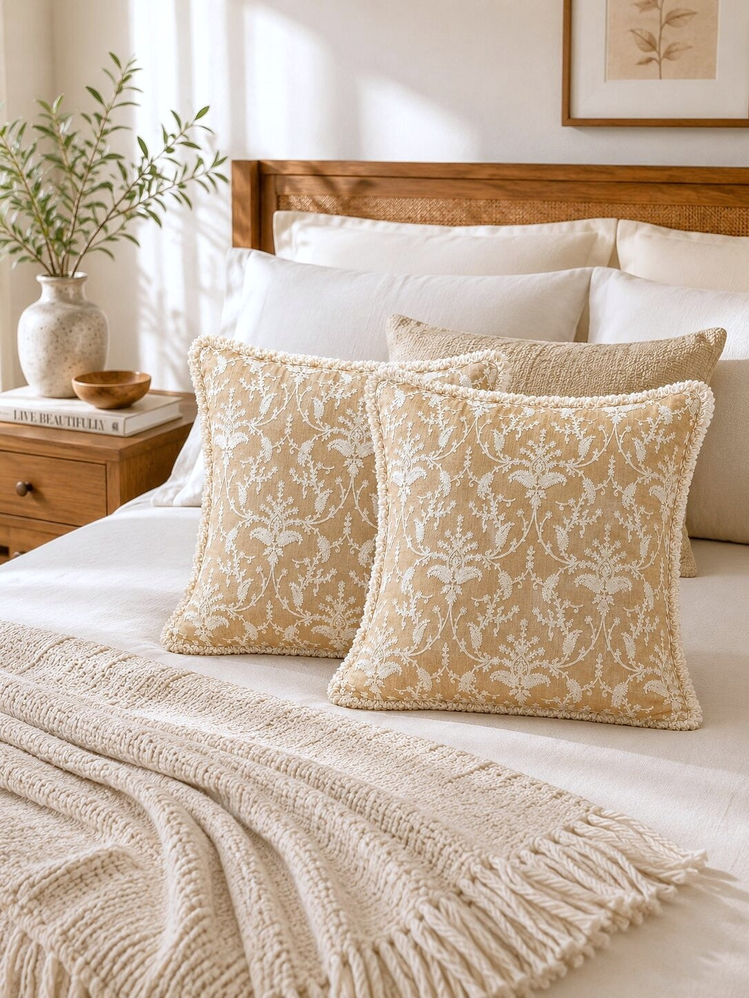 Sand Beige Floral Hand Embroidered Cushion Cover | Set of 2c
