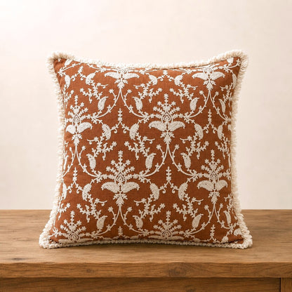 Terracotta Floral Hand Embroidered Cushion Cover | Set of 2