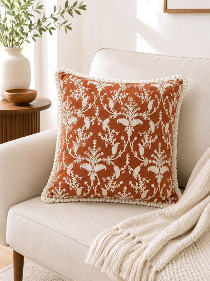 Terracotta Floral Hand Embroidered Cushion Cover | Set of 2