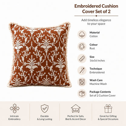 Terracotta Floral Hand Embroidered Cushion Cover | Set of 2