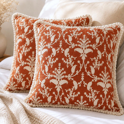Terracotta Floral Hand Embroidered Cushion Cover | Set of 2