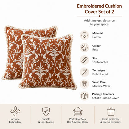 Terracotta Floral Hand Embroidered Cushion Cover | Set of 2