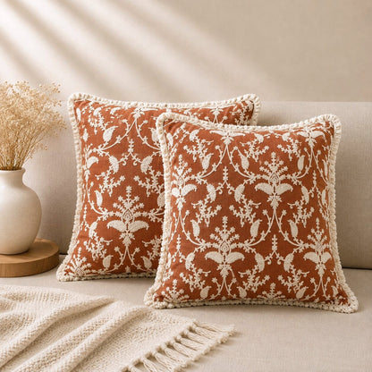 Terracotta Floral Hand Embroidered Cushion Cover | Set of 2
