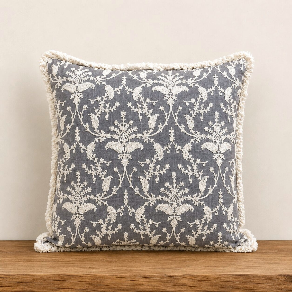 Grey Floral Hand Embroidered Cushion Cover | Set of 2