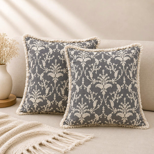 Grey Floral Hand Embroidered Cushion Cover | Set of 2