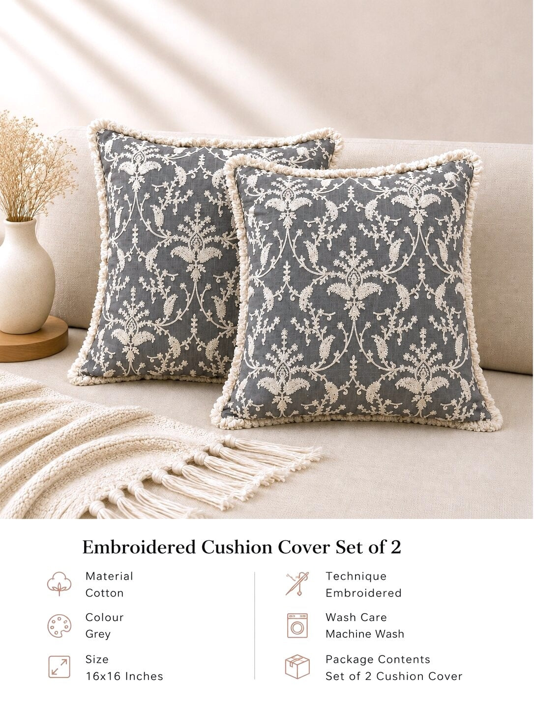 Grey Floral Hand Embroidered Cushion Cover | Set of 2