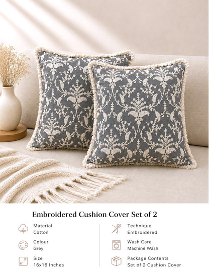 Grey Floral Hand Embroidered Cushion Cover | Set of 2