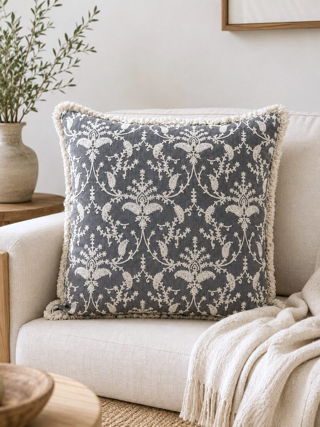 Grey Floral Hand Embroidered Cushion Cover | Set of 2
