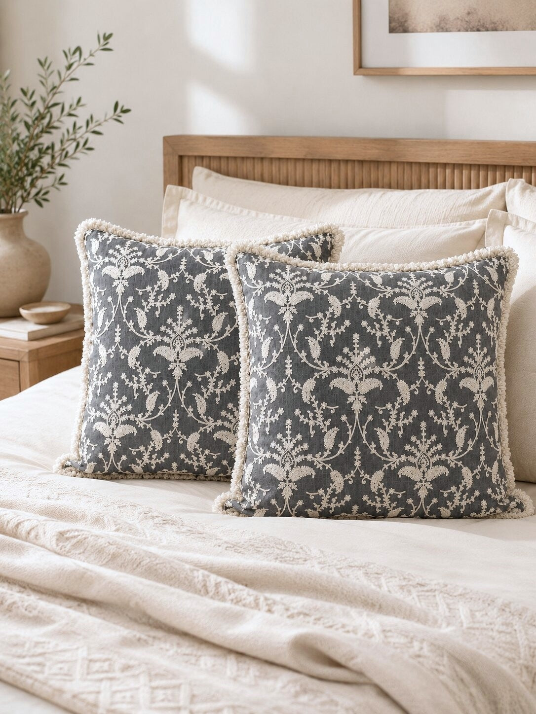 Grey Floral Hand Embroidered Cushion Cover | Set of 2