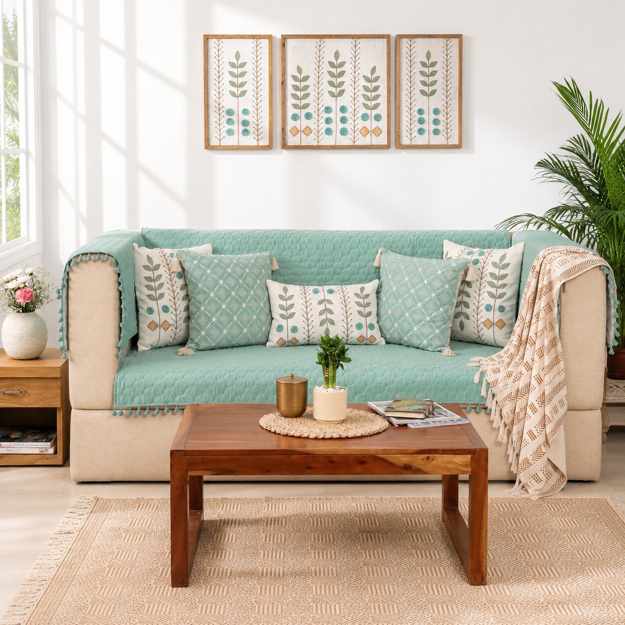 Quilted Sofa Cover & 5 Cushion Cover Set – Sage Green | Soft Cotton Blend Living Room Set