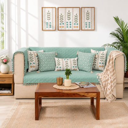 Quilted Sofa Cover & 5 Cushion Cover Set – Sage Green | Soft Cotton Blend Living Room Set