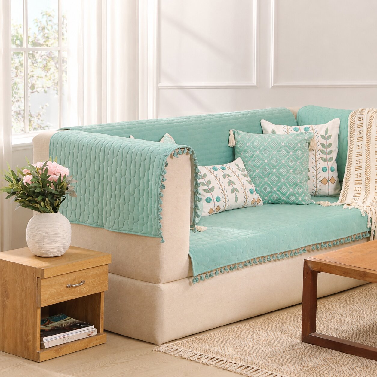 Quilted Sofa Cover & 5 Cushion Cover Set – Sage Green | Soft Cotton Blend Living Room Set