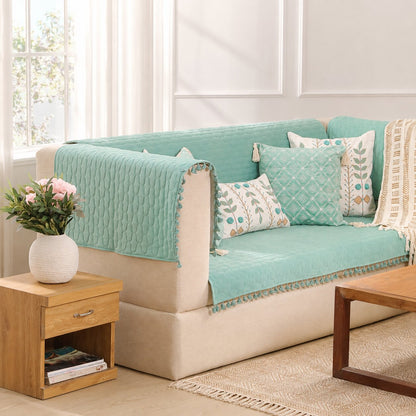 Quilted Sofa Cover & 5 Cushion Cover Set – Sage Green | Soft Cotton Blend Living Room Set