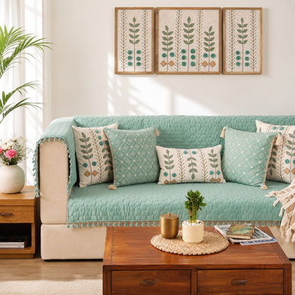 Quilted Sofa Cover & 5 Cushion Cover Set – Sage Green | Soft Cotton Blend Living Room Set