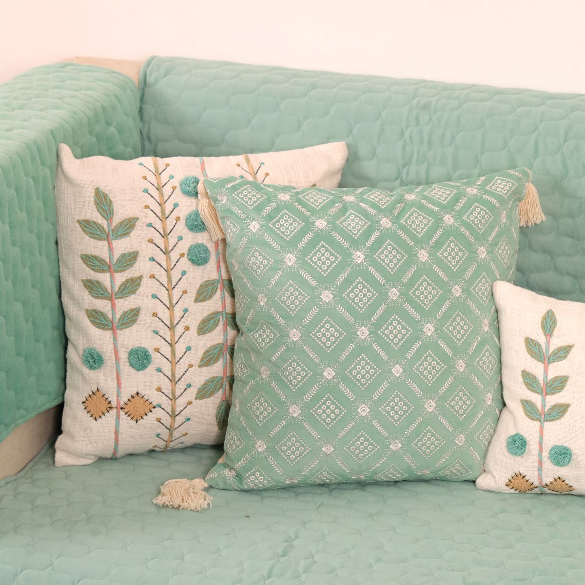 Quilted Sofa Cover & 5 Cushion Cover Set – Sage Green | Soft Cotton Blend Living Room Set