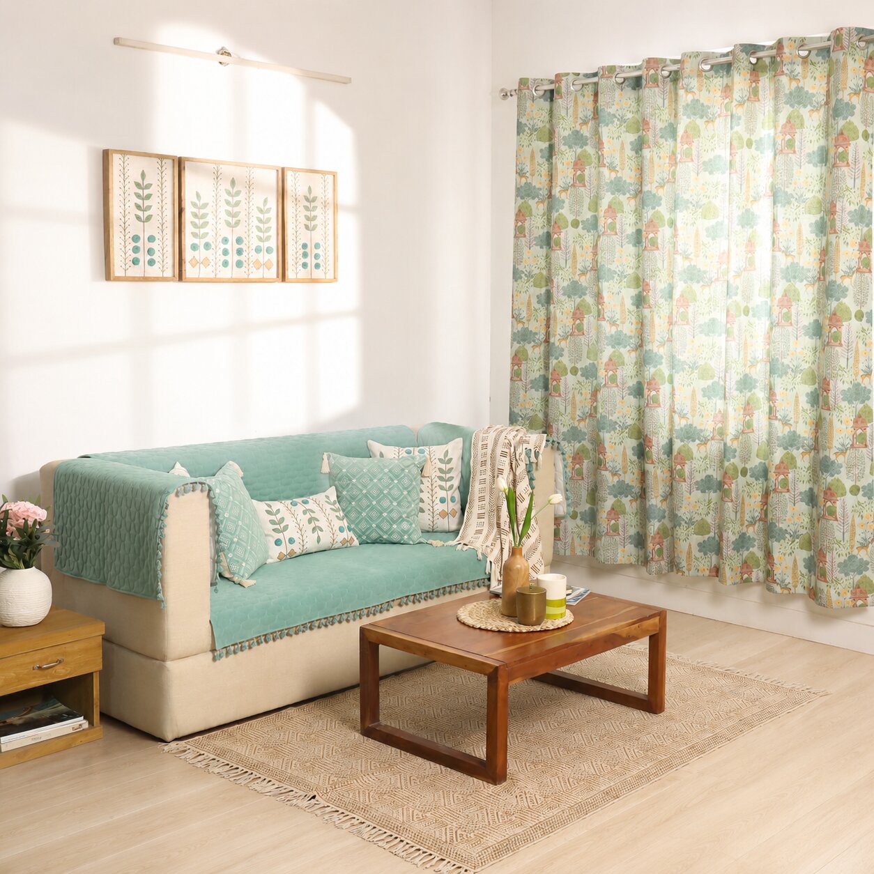 Quilted Sofa Cover & 5 Cushion Cover Set – Sage Green | Soft Cotton Blend Living Room Set
