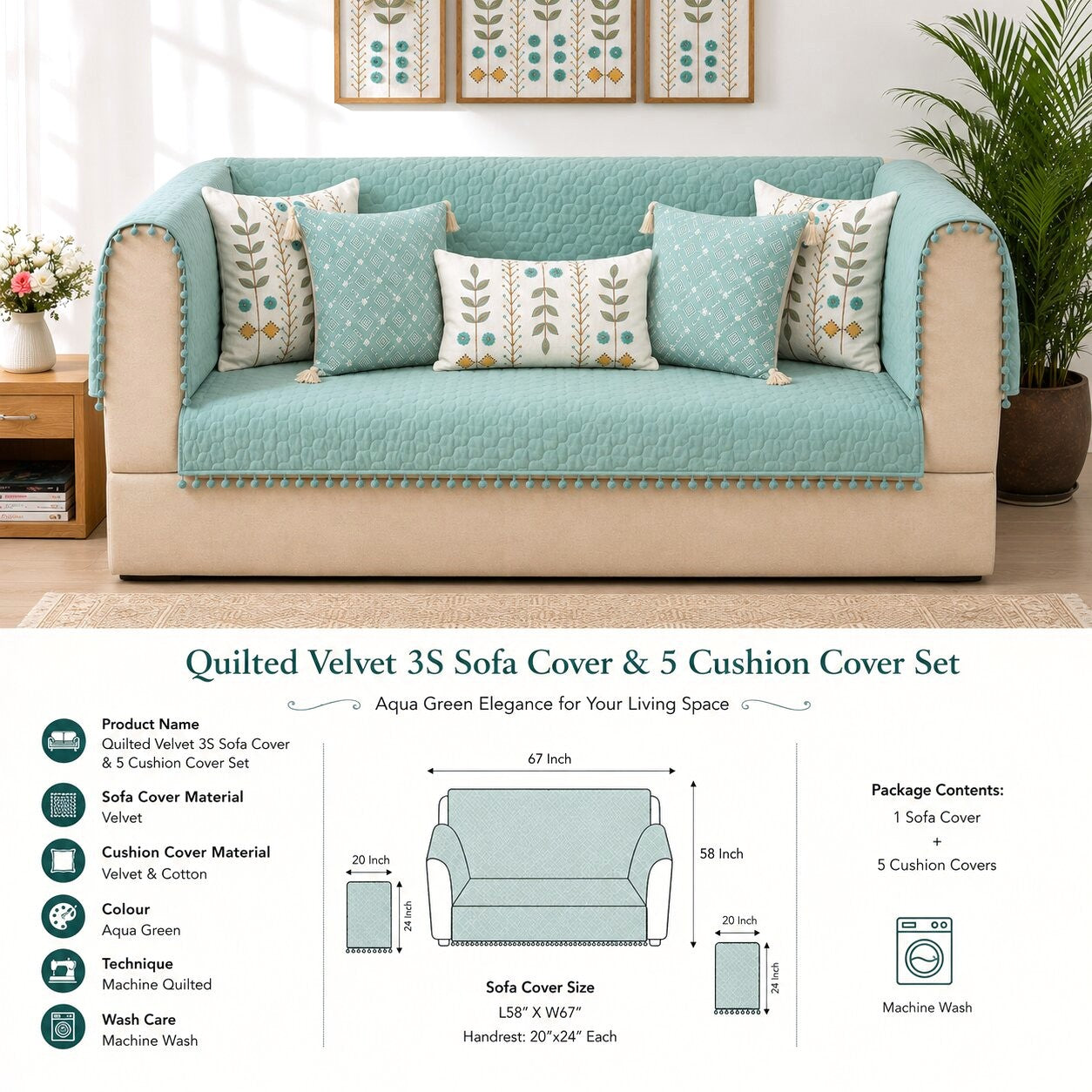 Quilted Sofa Cover & 5 Cushion Cover Set – Sage Green | Soft Cotton Blend Living Room Set