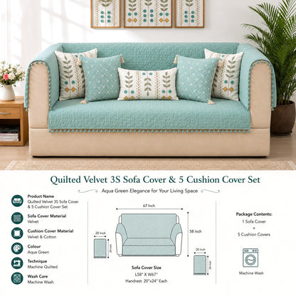 Quilted Sofa Cover & 5 Cushion Cover Set – Sage Green | Soft Cotton Blend Living Room Set