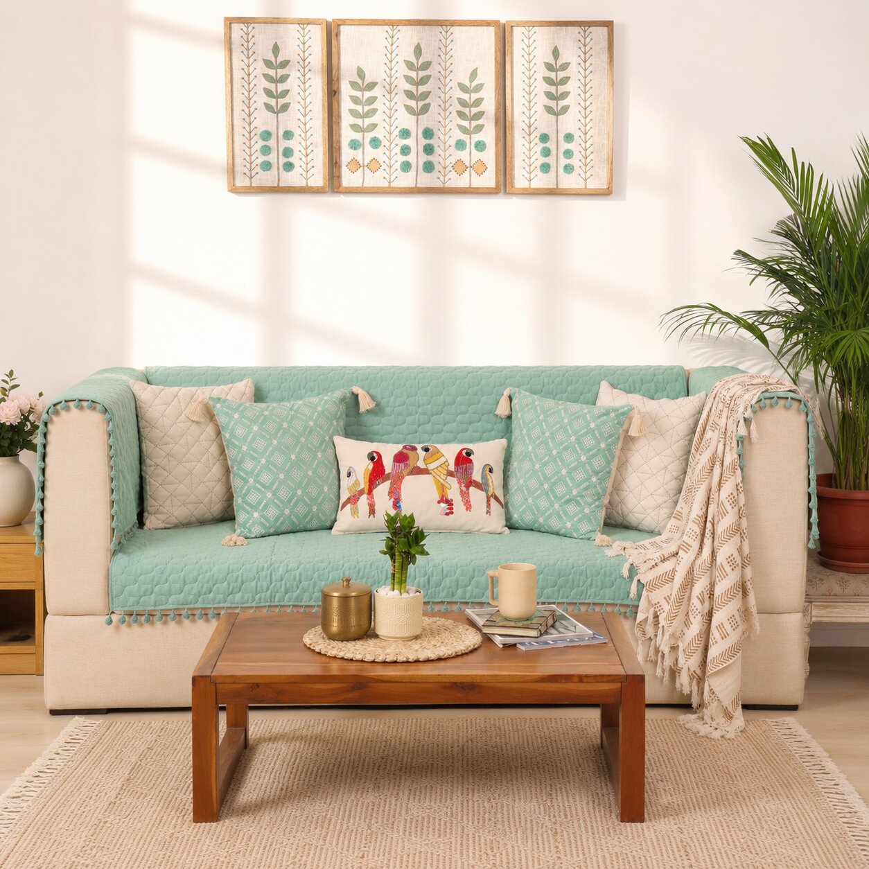 Quilted Sofa Cover & 5 Cushion Cover Set – Aqua Mint | Soft Velvet Furniture Protector