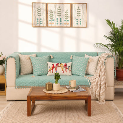 Quilted Sofa Cover & 5 Cushion Cover Set – Aqua Mint | Soft Velvet Furniture Protector