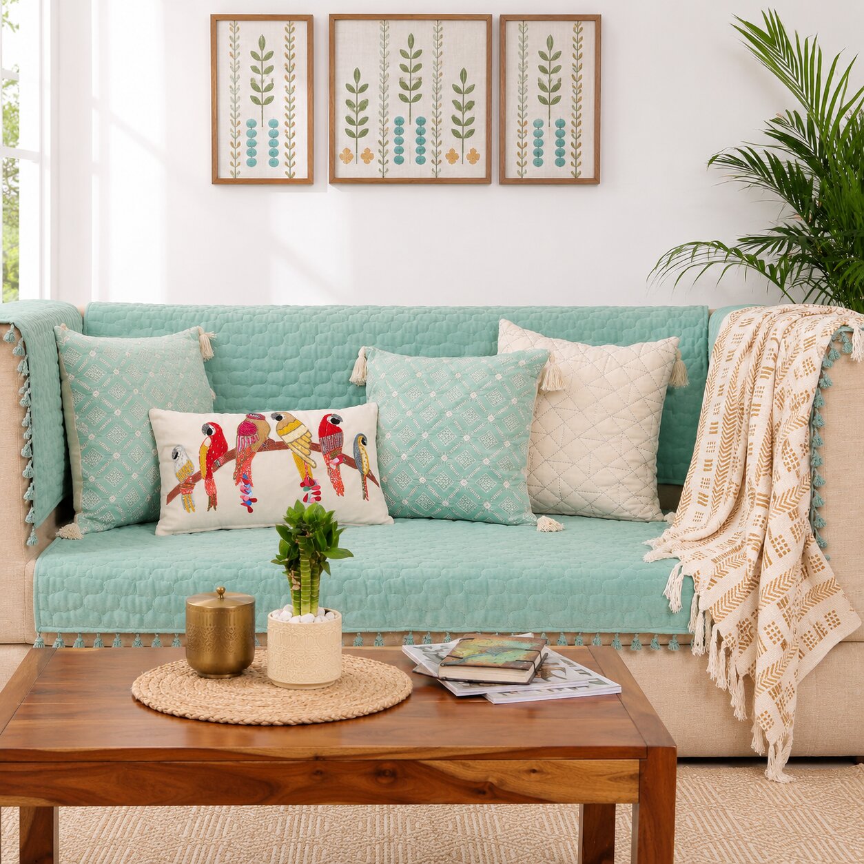 Quilted Sofa Cover & 5 Cushion Cover Set – Aqua Mint | Soft Velvet Furniture Protector