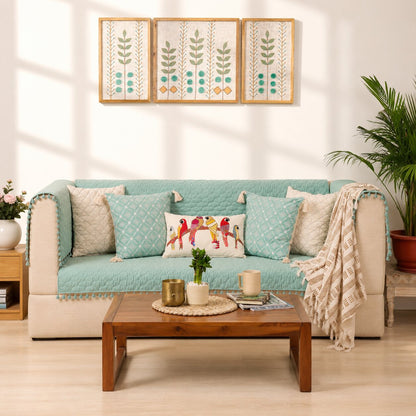 Quilted Sofa Cover & 5 Cushion Cover Set – Aqua Mint | Soft Velvet Furniture Protector