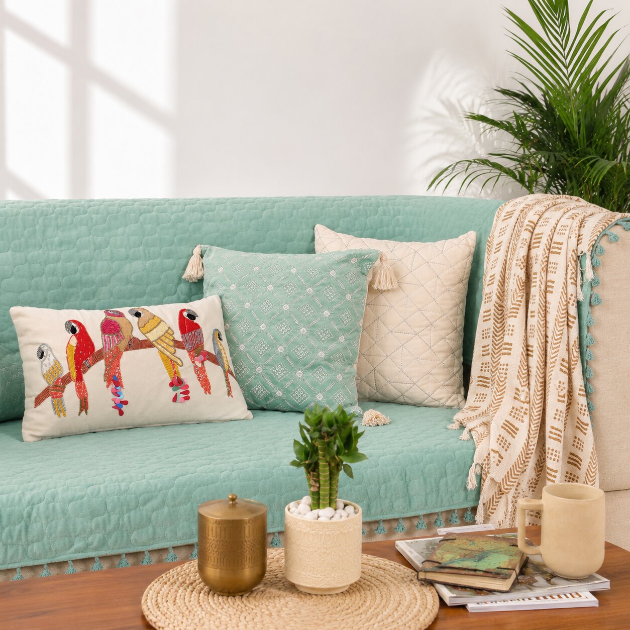 Quilted Sofa Cover & 5 Cushion Cover Set – Aqua Mint | Soft Velvet Furniture Protector