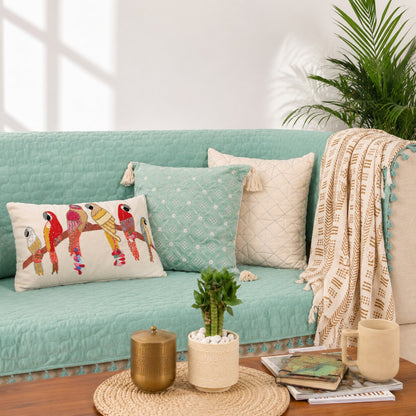 Quilted Sofa Cover & 5 Cushion Cover Set – Aqua Mint | Soft Velvet Furniture Protector
