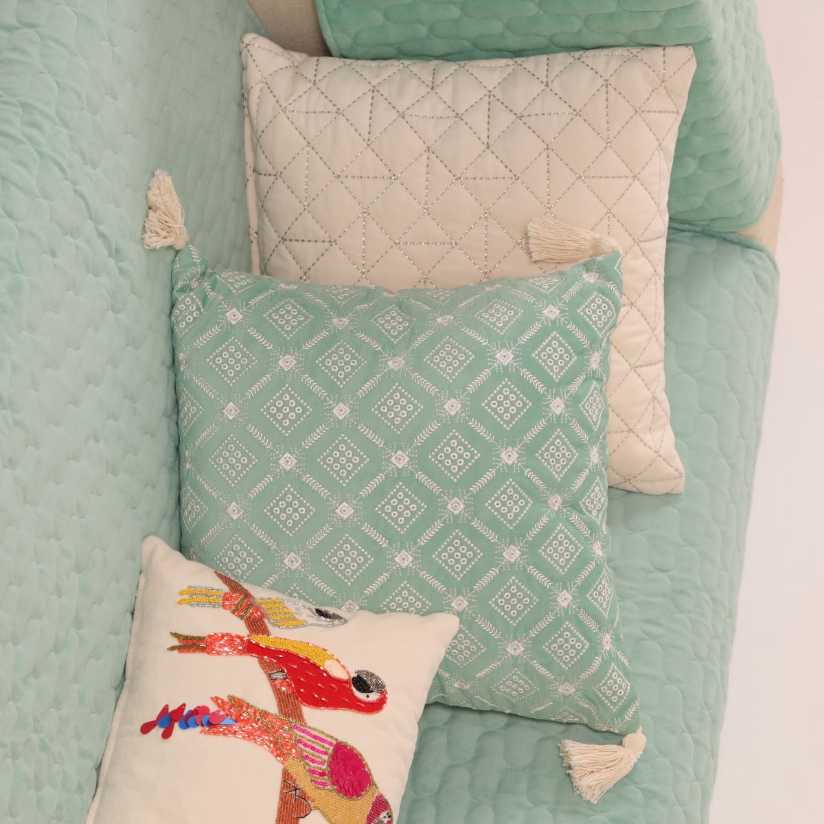 Quilted Sofa Cover & 5 Cushion Cover Set – Aqua Mint | Soft Velvet Furniture Protector