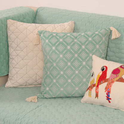 Quilted Sofa Cover & 5 Cushion Cover Set – Aqua Mint | Soft Velvet Furniture Protector