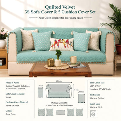 Quilted Sofa Cover & 5 Cushion Cover Set – Aqua Mint | Soft Velvet Furniture Protector