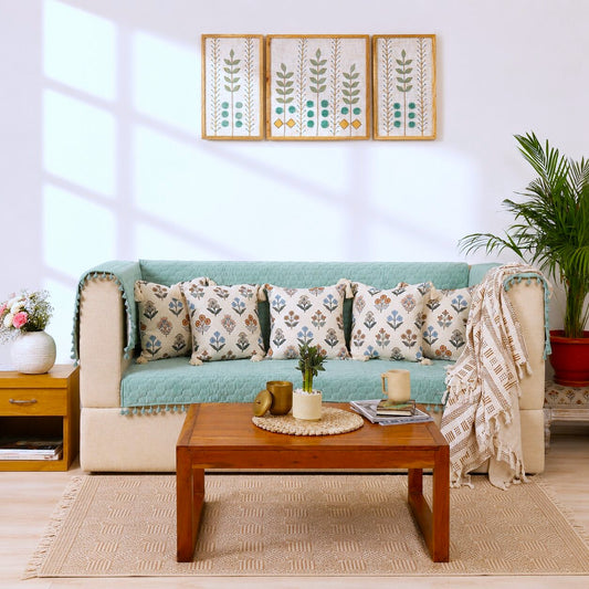 Quilted Sofa Cover & 5 Floral Cushion Cover Set – Aqua Blue | Modern Living Room Set