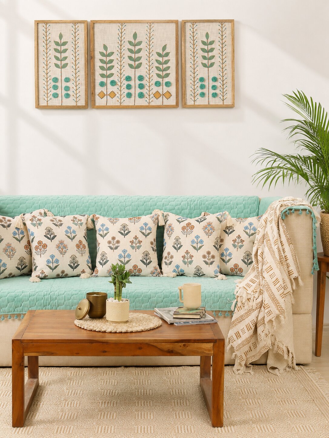 Quilted Sofa Cover & 5 Floral Cushion Cover Set – Aqua Blue | Modern Living Room Set