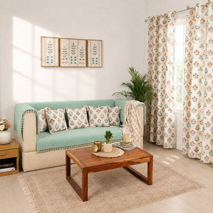 Quilted Sofa Cover & 5 Floral Cushion Cover Set – Aqua Blue | Modern Living Room Set