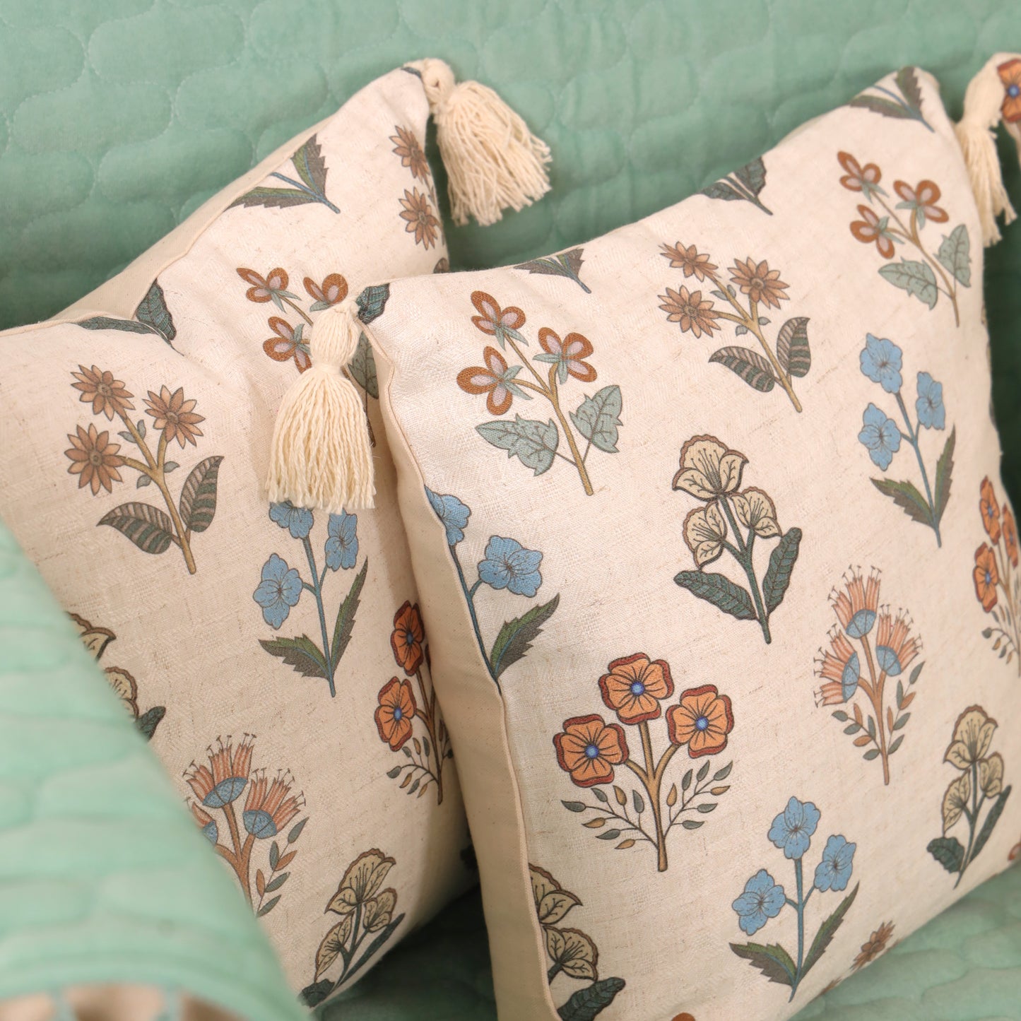 Quilted Sofa Cover & 5 Floral Cushion Cover Set – Aqua Blue | Modern Living Room Set